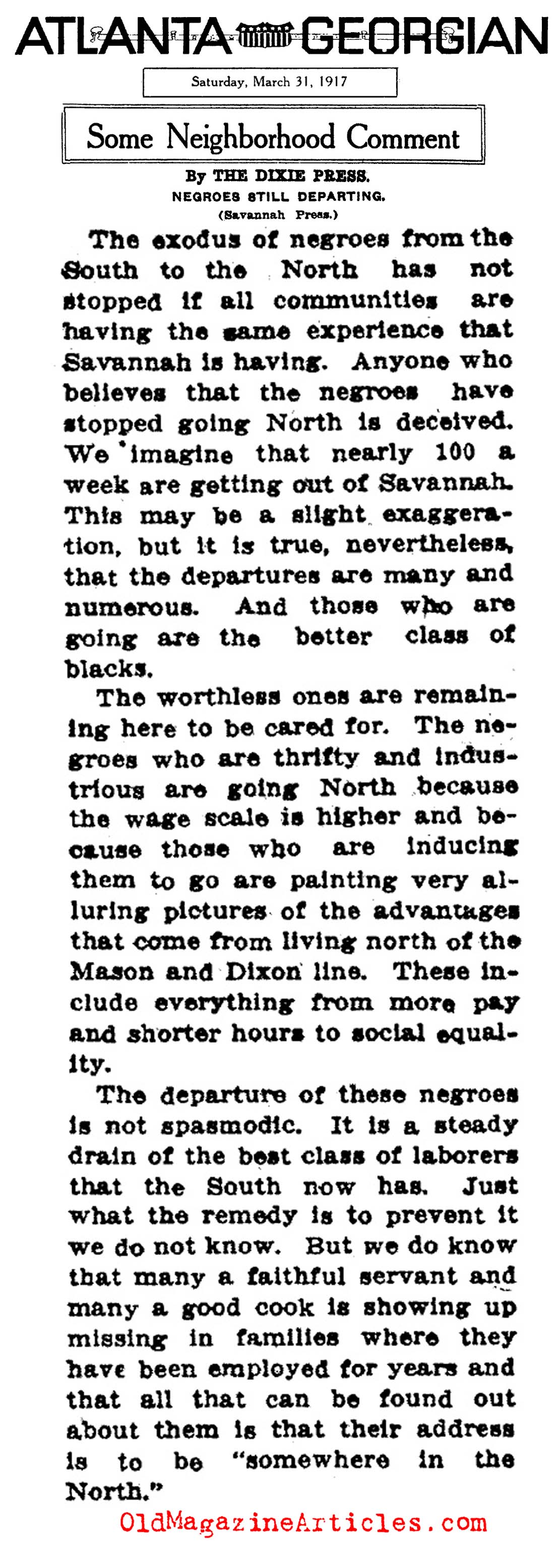 ''Negroes Still Departing'' (The Atlanta Georgian, 1917)